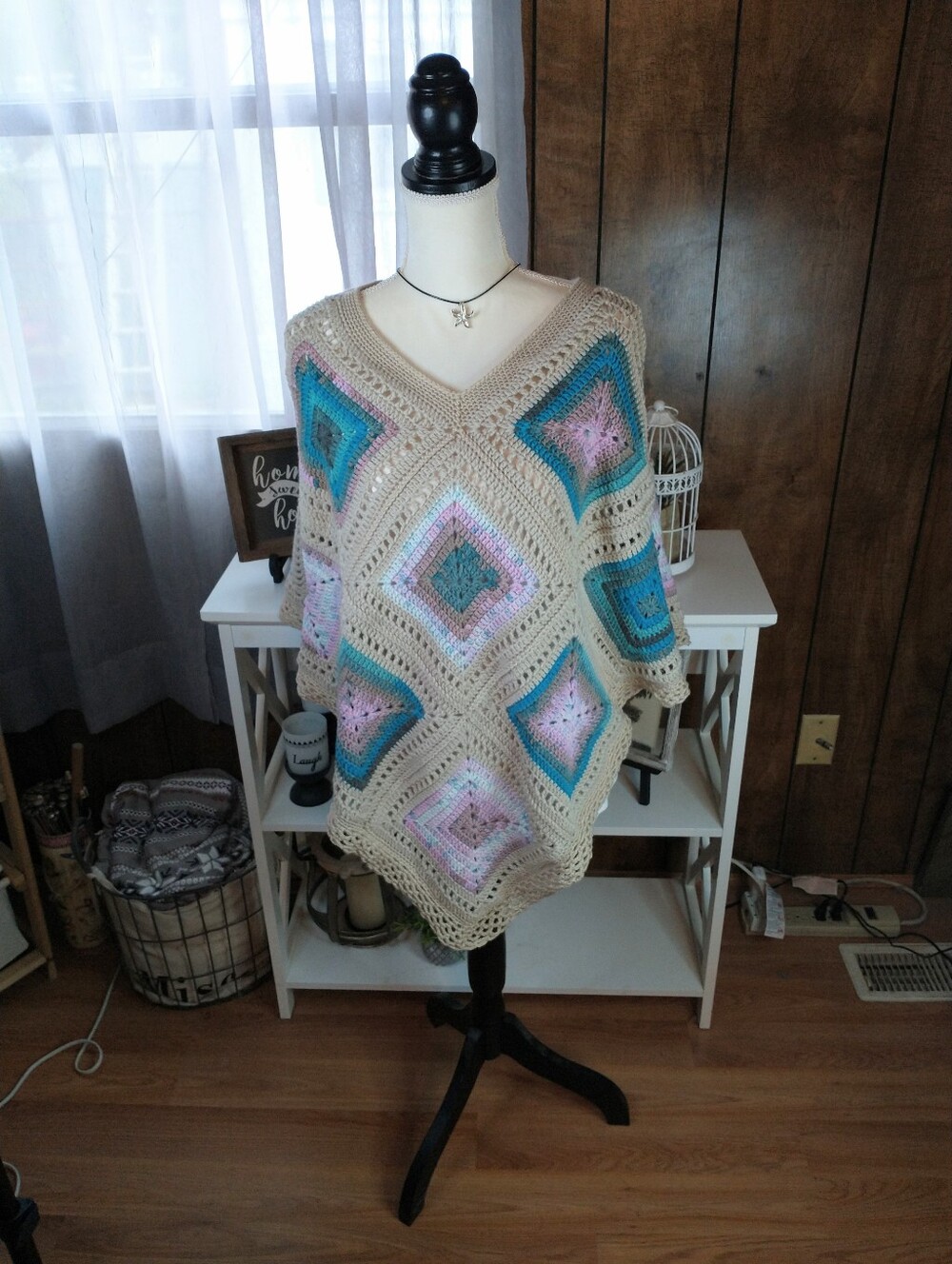 New Hand Crocheted Granny Square Poncho